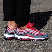 Nike Air Max 97 Gym Red Wolf Grey on feet