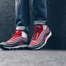 women Nike Air Max 97 Gym Red Wolf Grey on feet