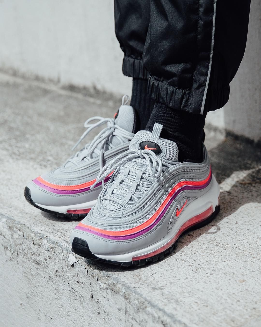 Nike Air Max 97 Trainers Wolf Grey Solar Red Vivid Purple On Feet