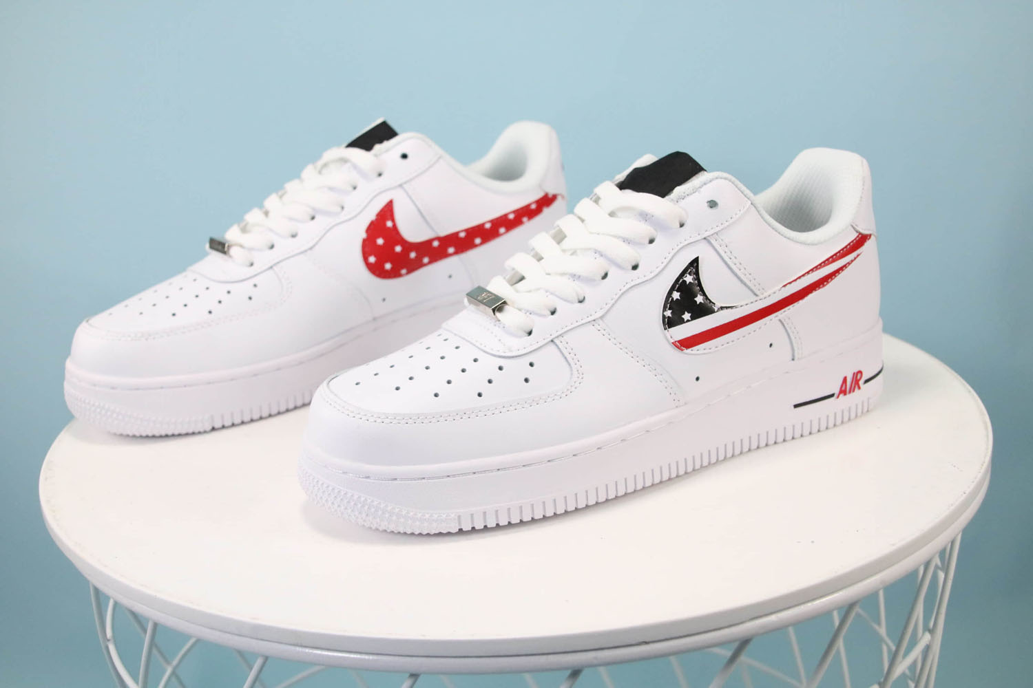 Mens n Women Nike Air Force 1 Low White USA Flag Swoosh White Volt