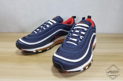 Nike Air Max 97 Midnight Navy Habanero Red upper look