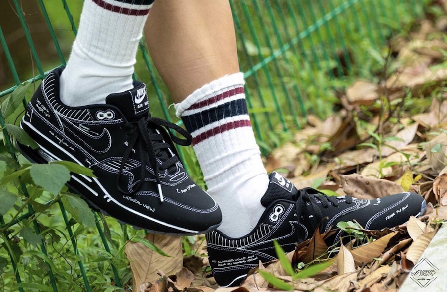 Nike Air Max 1 Tinker Black Schematic on feet