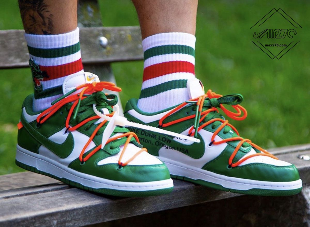 Off-White Nike Dunk SB Low Pine Green on feet