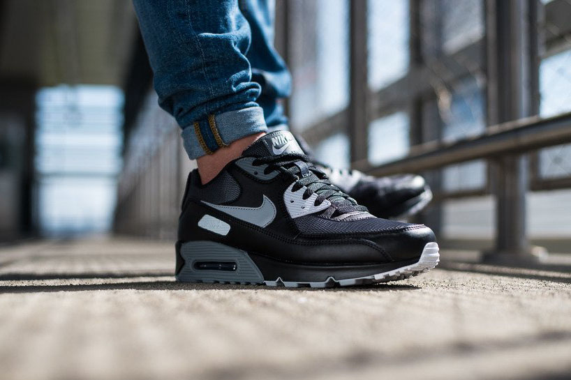 Nike Air Max 90 Essential Black Wolf Grey on feet