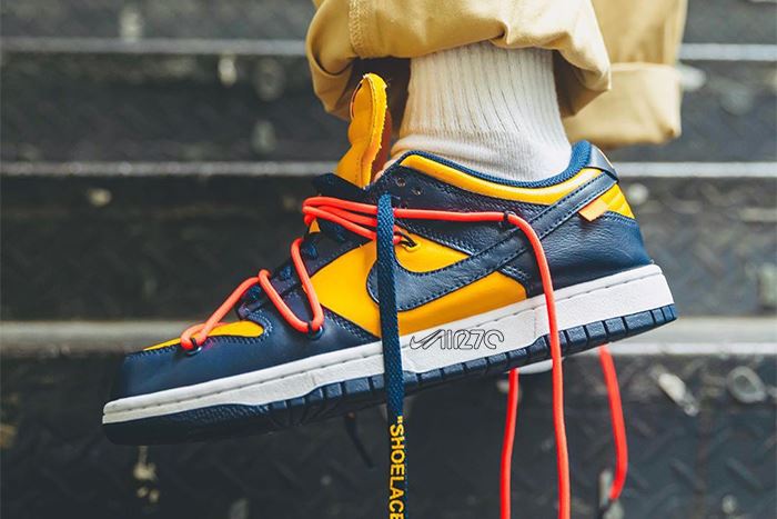 Off-White x Nike Dunk Low University Gold on feet