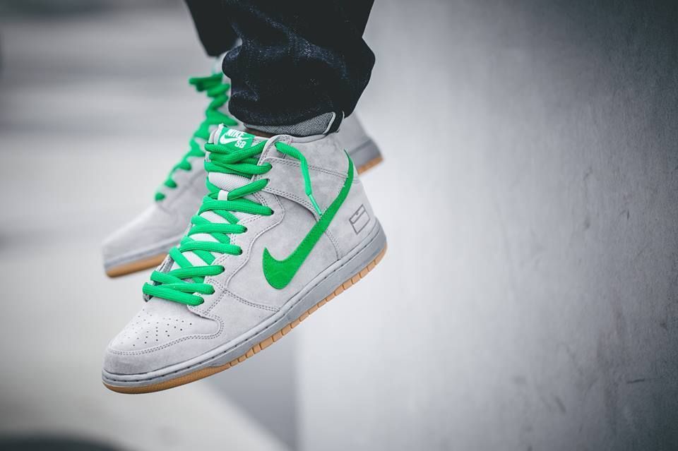 Nike Dunk High Metallic silver hyper verde on feet